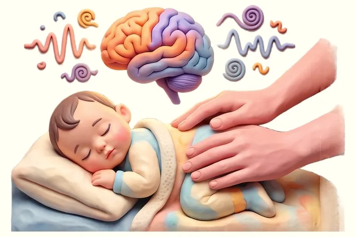 Ilustración: un bebé duerme de lado mientras unas manos le dan un masaje en la espalda; sobre él, un cerebro y ondas de colores.