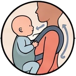 Dibujo: un bebé en una mochila, mirando a su madre, con la barbilla separada del pecho y la espalda curvada.