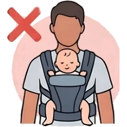 Dibujo marcado con una cruz: un padre lleva a su bebé en una mochila, mirando hacia fuera.